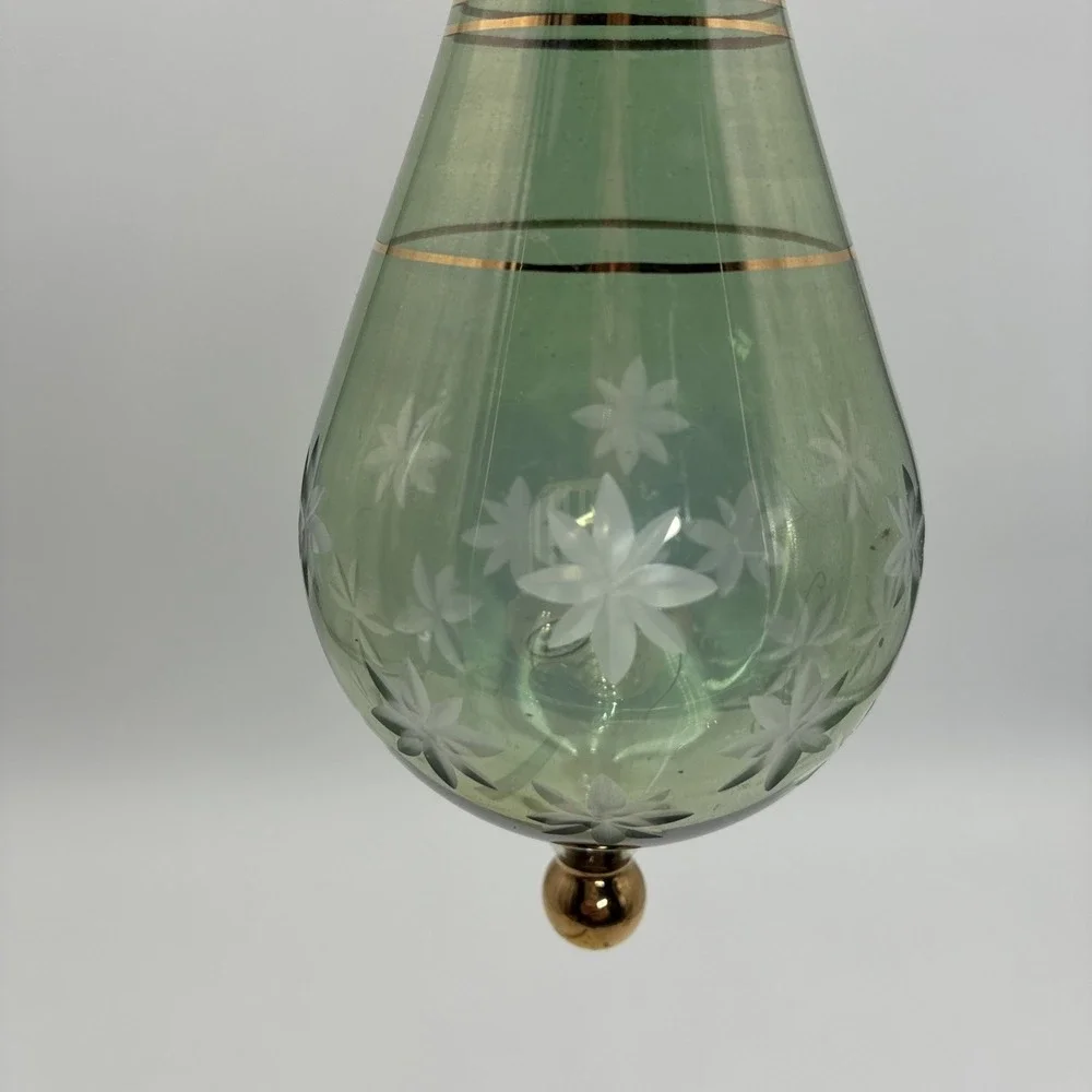 Vintage Egyptian Hand Blown Glass Ornaments Etched Floral Gold Trim Set of 2